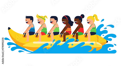 Joyful Group Riding Inflatable Banana Boat on Sparkling Blue Waters Against Black
