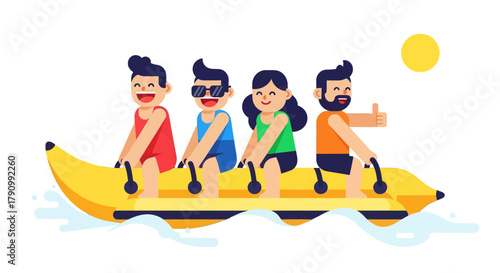 Joyful Group Riding Banana Boat Together Under Sunny Sky Vector Illustration