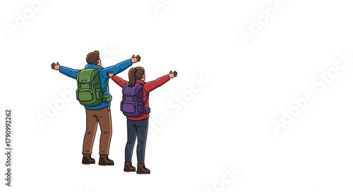 Joyful Outdoor Hike Featuring Two People Celebrating With Open Arms In Nature