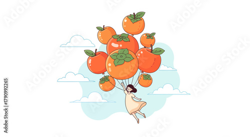 Joyful Person Soaring Skyward Carried By a Bunch of Delicious Persimmon Balloons Depiction