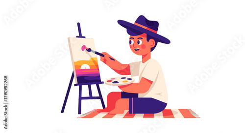 Joyful Painter Creating Fine Art, Depicting Sunset Landscape on Canvas with Passionate Colors