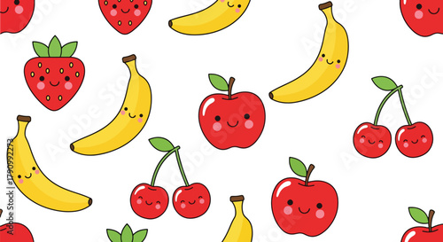 Flat vector seamless pattern of cute smiling fruits including strawberry, apple, and cherry. Solid pastel colors, kawaii style, no gradients, perfect for wrapping and apparel design