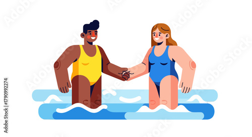 Joyful Pair Holding Hands In Water, Representing Friendship and Unity in Swimsuits