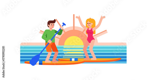 Joyful Paddleboarders Enjoying a Sunny Day on the Calm Water and Splendid Horizon