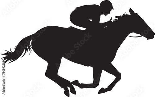 A silhouette of a jockey riding a horse in a race. Vector Black silhouettes. with white background
