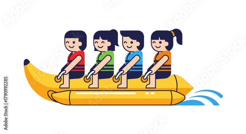 Joyful Group Riding Inflatable Banana Boat, Enjoying Watersport Fun Activities Together