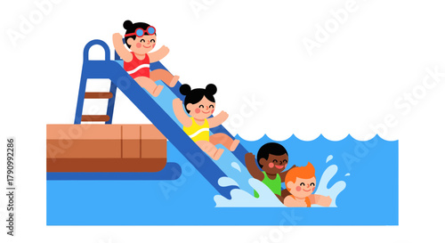 Joyful Kids Enjoying Water Fun on a Slide Near a Sparkling Swimming Pool