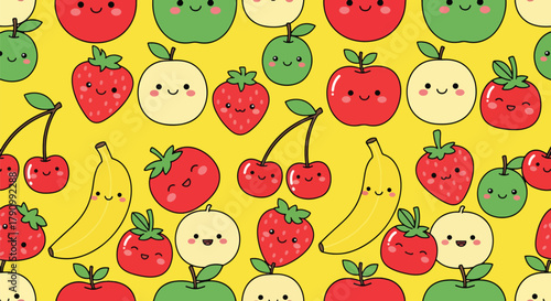 Flat vector seamless pattern of cute smiling fruits including strawberry, apple, and cherry. Solid pastel colors, kawaii style, no gradients, perfect for wrapping and apparel design
