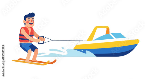 Joyful Person Waterskiing Behind a Colorful Motorboat on a Black Background