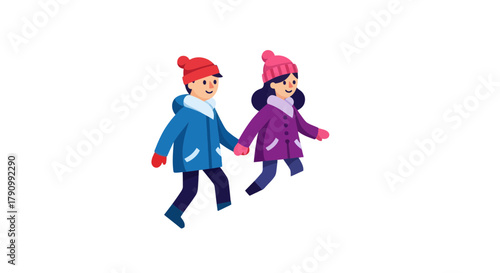 Joyful Pair Holding Hands While Walking Against A Dark Black Backdrop, Winter Scene