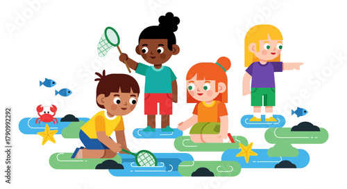 Joyful Kids Exploring Aquatic Realms Discovering Marine Life with Nets and Adventures