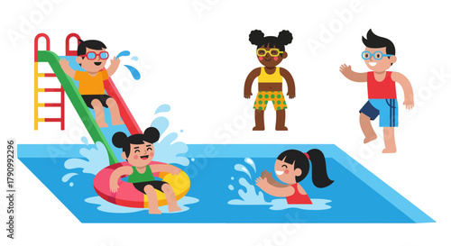 Joyful Kids Enjoying Water Fun and Games in a Brightly-Colored Swimming Pool