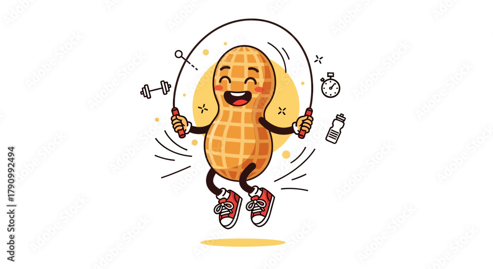Fototapeta premium Joyful Peanut Character Demonstrating Skipping Rope Activity With Motivational Concept