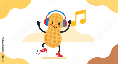 Joyful Peanut Character Dancing To Music While Wearing Headphones And Sneakers
