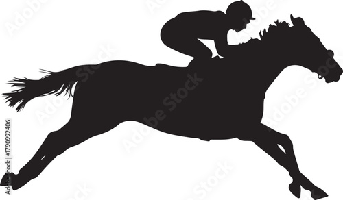 A silhouette of a jockey riding a horse in a race. Vector Black silhouettes. with white background