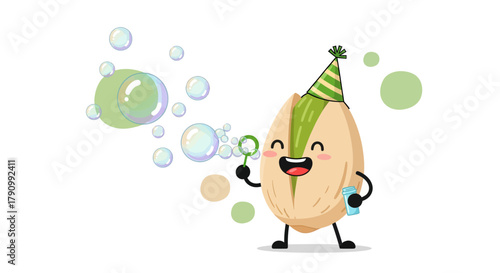 Joyful Pistachio Character Blowing Bubbles Celebrating A Festive Occasion In A Fun Way