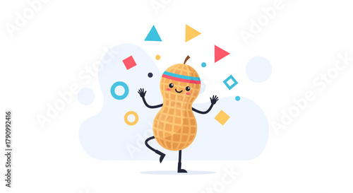 Joyful Peanut Character Dancing With Colorful Geometric Shapes Against White Background