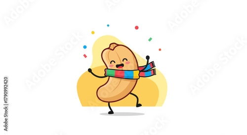 Joyful Peanut Character Dancing With A Colorful Scarf And Festive Confetti Particles