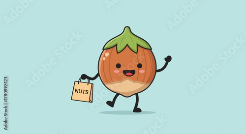 Joyful Hazelnut Mascot Carrying Groceries Bag: Delightful Cartoon Illustration, Food Concept