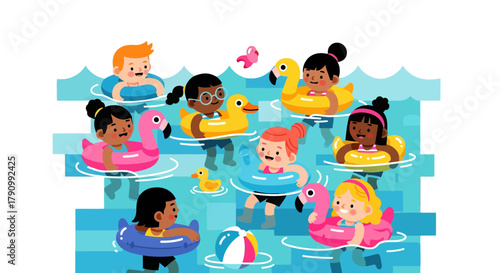 Joyful Kids Float Happily in a Pool with Adorable Inflatable Toys on a Summer Day