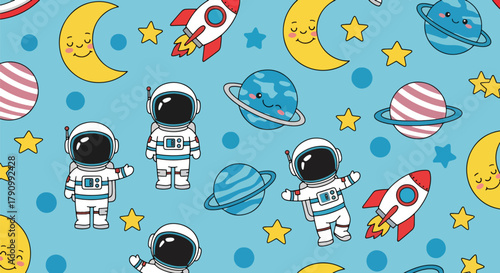 Flat vector seamless pattern of cute planets, stars, rockets, and moons with happy faces. Solid pastel tones, no gradients, kawaii cosmic style, perfect for prints and wallpapers