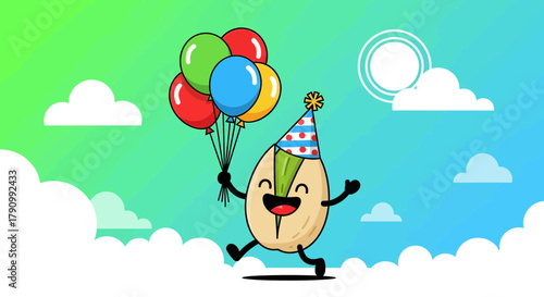 Joyful Pistachio Celebrating With Balloons And Festive Attire Amidst A Colorful Sky