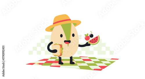 Joyful Pistachio Character Enjoying A Picnic With Refreshing Fruits And Sandwich Delight