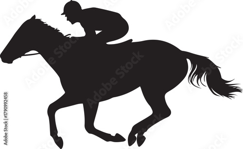 A silhouette of a jockey riding a horse in a race. Vector Black silhouettes. with white background