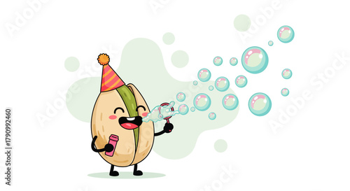 Joyful Pistachio Character Blowing Bubbles Celebrating Birthday With Delightful Bubbles Display