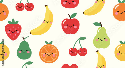 Flat vector seamless pattern of cute smiling fruits including strawberry, apple, and cherry. Solid pastel colors, kawaii style, no gradients, perfect for wrapping and apparel design