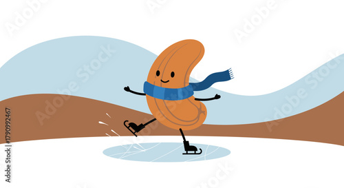 Joyful Peanut Character Gracefully Ice Skating on a Frosty Winter Afternoon
