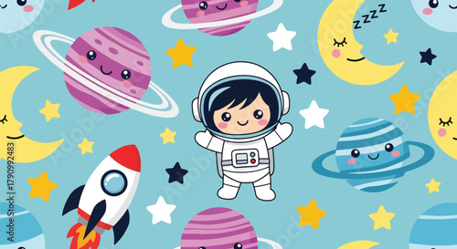 Flat vector seamless pattern of cute planets, stars, rockets, and moons with happy faces. Solid pastel tones, no gradients, kawaii cosmic style, perfect for prints and wallpapers