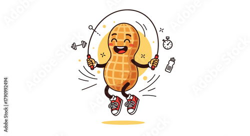 Joyful Peanut Character Demonstrating Skipping Rope Activity With Motivational Concept