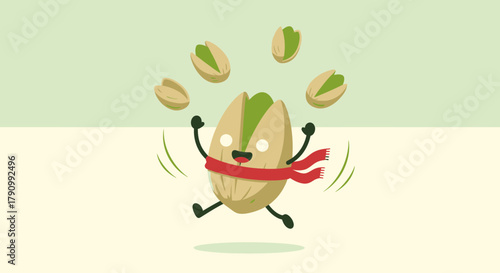 Joyful Pistachio Character Juggling Nuts with Expression on Simple Background