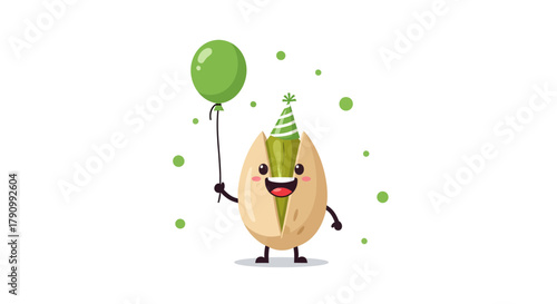 Joyful Pistachio Mascot Celebrating With a Green Balloon, Happy Birthday Decoration