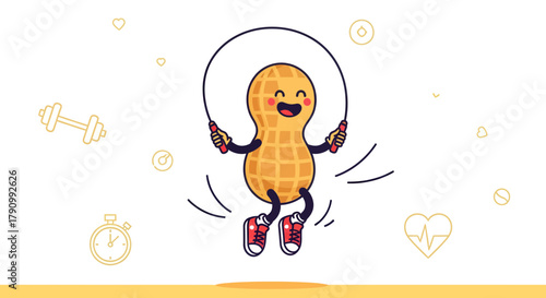 Joyful Peanut Character Skips Rope, Promoting Fitness, Health, And Wellness, Sporty Concept