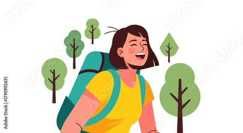 Joyful Hiker Outdoors: Capturing Happiness and Adventure in Scenic Nature, Illustrative Design