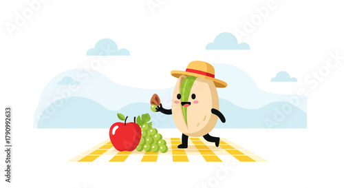 Joyful Pistachio Picnic: Cheerful Nut with Fruits Under a Pleasant Summer Sky
