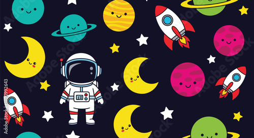 Flat vector seamless pattern of cute planets, stars, rockets, and moons with happy faces. Solid pastel tones, no gradients, kawaii cosmic style, perfect for prints and wallpapers