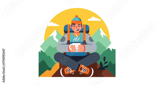 Joyful Hiker Relaxing with a Beverage Amidst Scenic Mountain Landscape at Sunrise