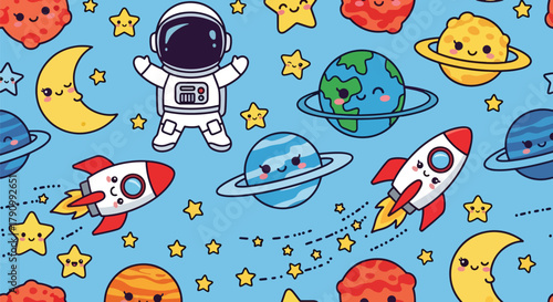 Flat vector seamless pattern of cute planets, stars, rockets, and moons with happy faces. Solid pastel tones, no gradients, kawaii cosmic style, perfect for prints and wallpapers