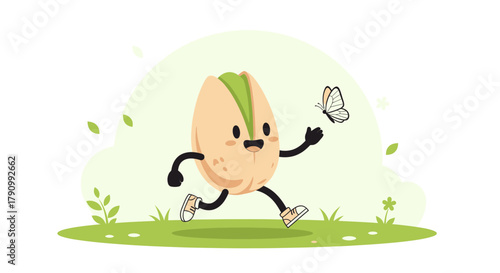 Joyful Pistachio Chasing The Butterfly in a Cheerful, Animated Illustration
