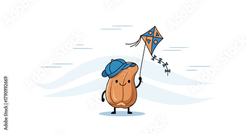 Joyful Peanut Character With Blue Cap Flying Colorful Kite on Windy Day