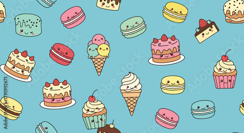 Flat vector seamless pattern of cute desserts including cupcakes, macarons, and cakes. Solid pastel palette, no gradients, kawaii bakery style, perfect for packaging and textiles