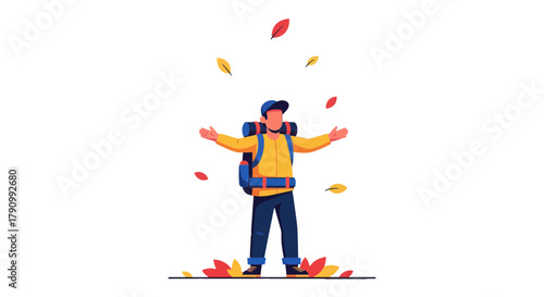 Joyful Hiker With Open Arms Enjoys Falling Autumn Leaves Silhouetted Against Black