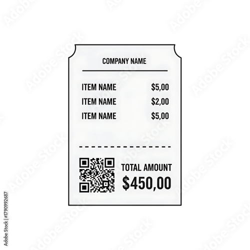 A store receipt icon showing listed items, prices, total amount, and a QR code for digital payment.
