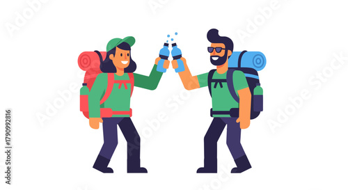 Joyful Hikers Celebrating Success After Mountain Climb With Water Bottles Cheer