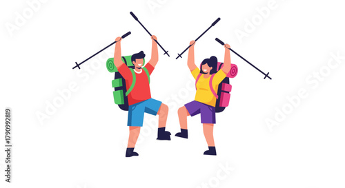Joyful Hikers Celebrating At Their Destination With Arms Raised And Trekking Poles Up