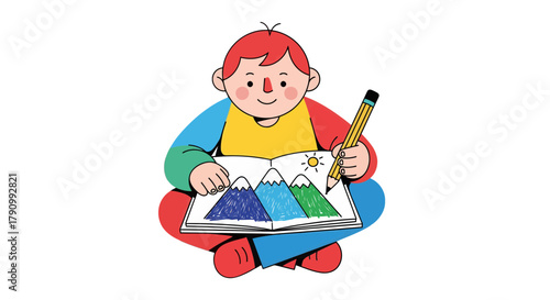 Joyful Little Person Creates Illustrative Landscape with Mountains and Sunshine