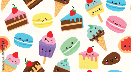 Flat vector seamless pattern of cute desserts including cupcakes, macarons, and cakes. Solid pastel palette, no gradients, kawaii bakery style, perfect for packaging and textiles